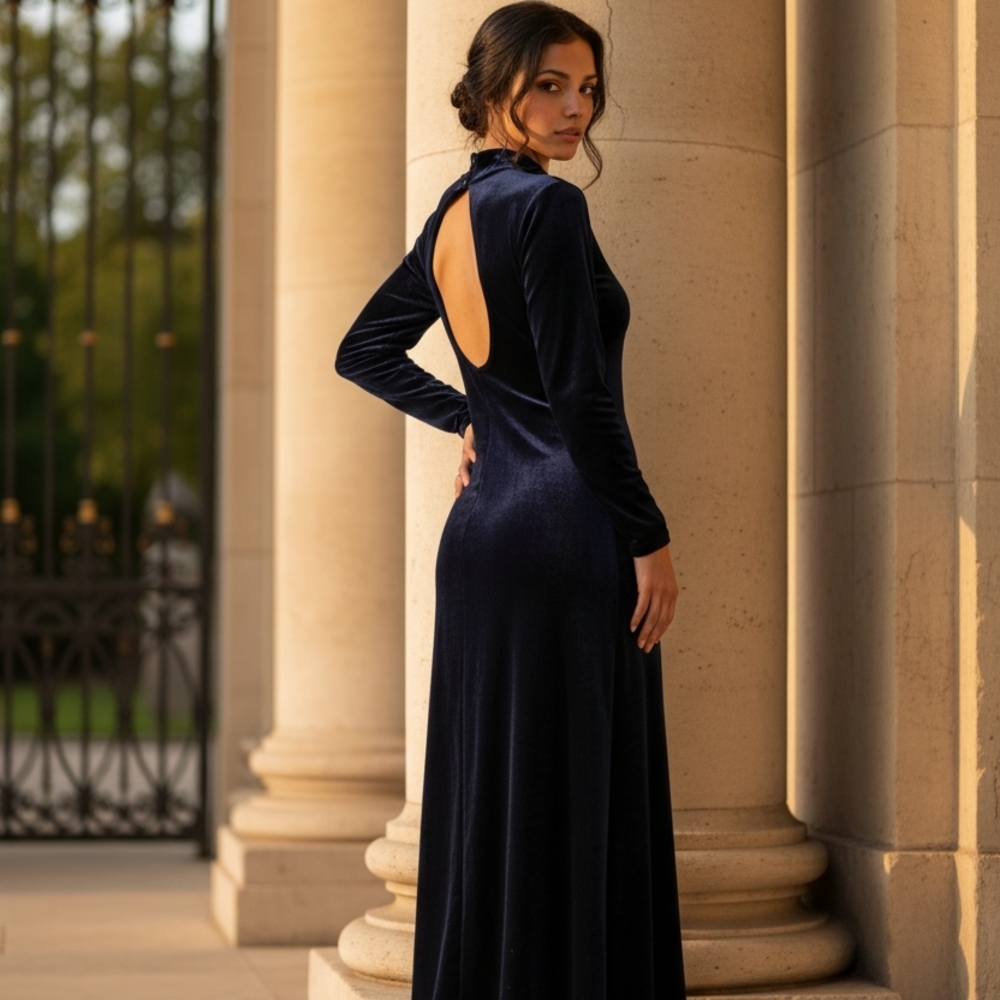 Anthropologie Navy Velvet Backless Gown